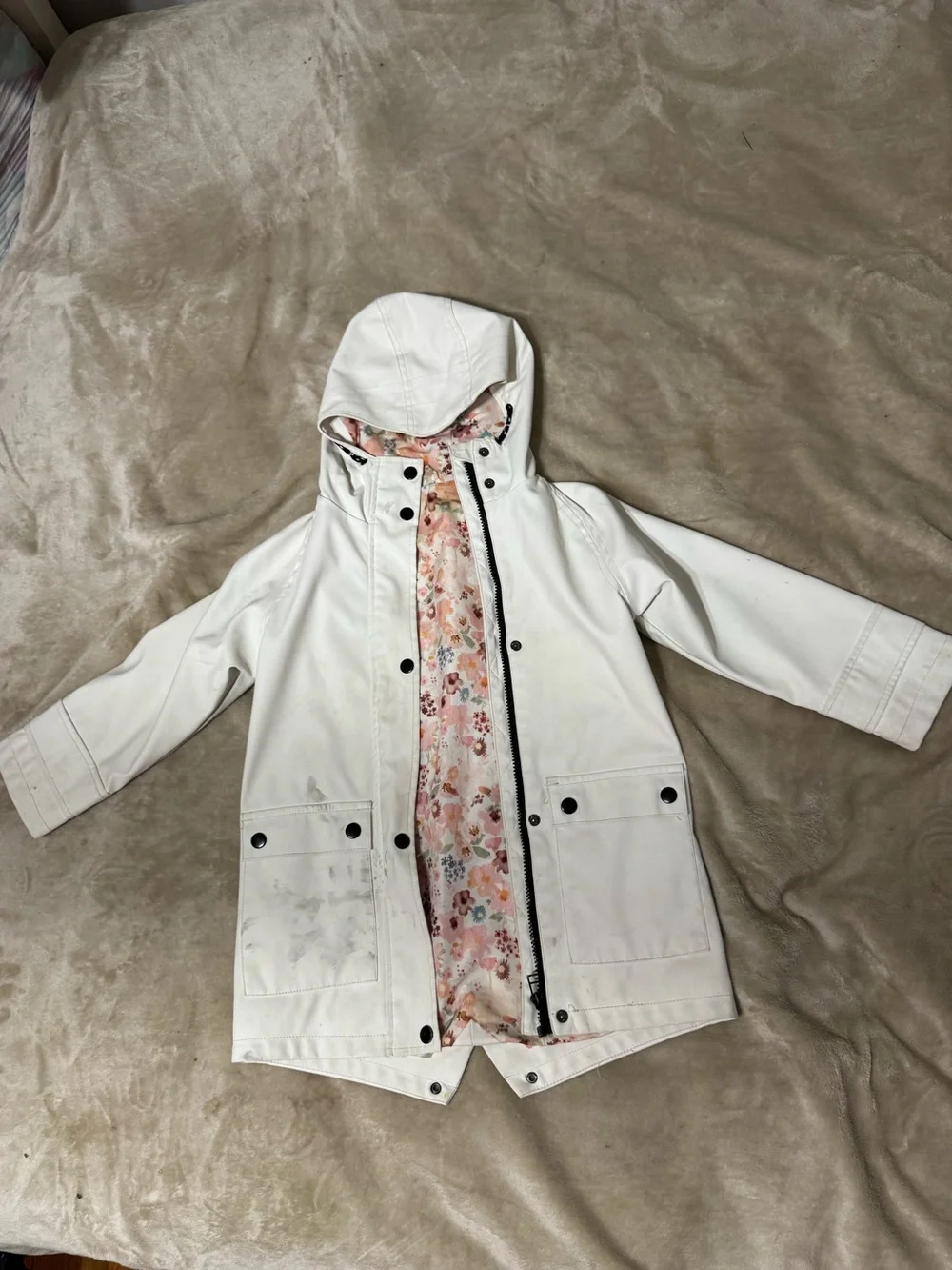 Amazon Kids White Hooded Raincoat with Pink Floral Lining
